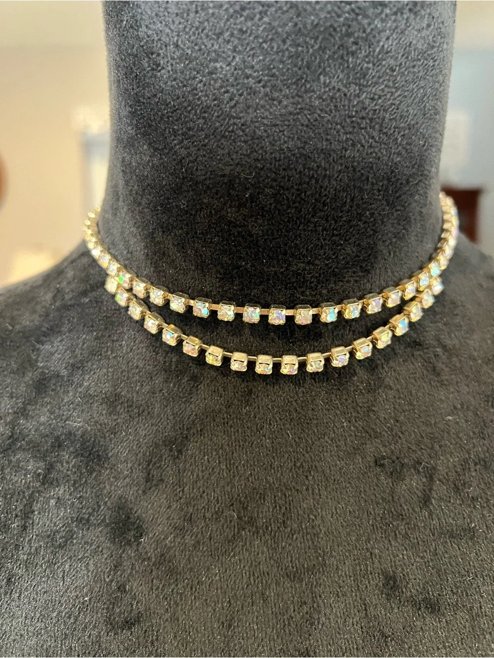 Vintage Gold-Tone Crystal Tennis Necklace - Aurora Borealis Sparkle